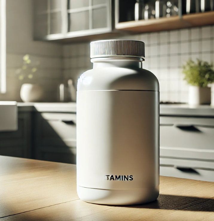 Supplement bottles arranged on a kitchen counter